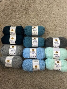 Lion Brand Basic Stitch Yarn Bundle Lot of Yarn- Assorted Blue, Gray, Mint